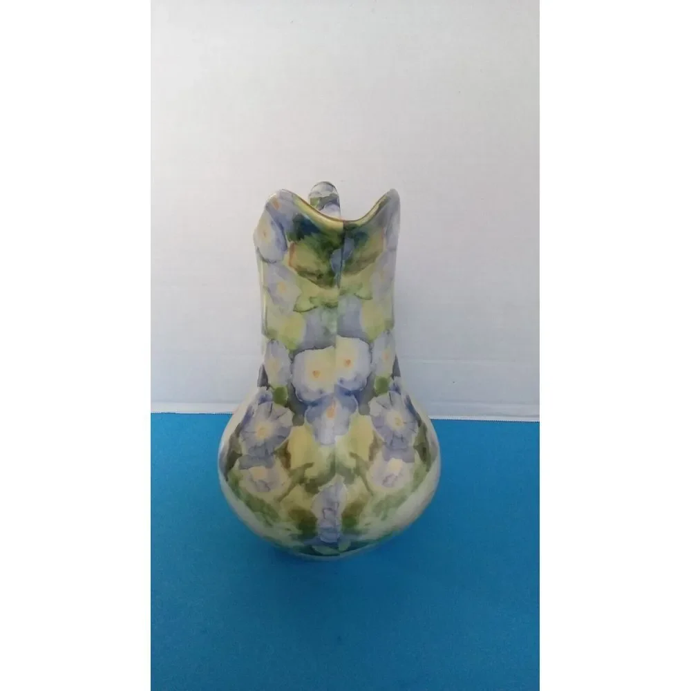 Vintage Hand-Painted Ceramic‎ Pitcher with Floral Design and Cat Motif Vase